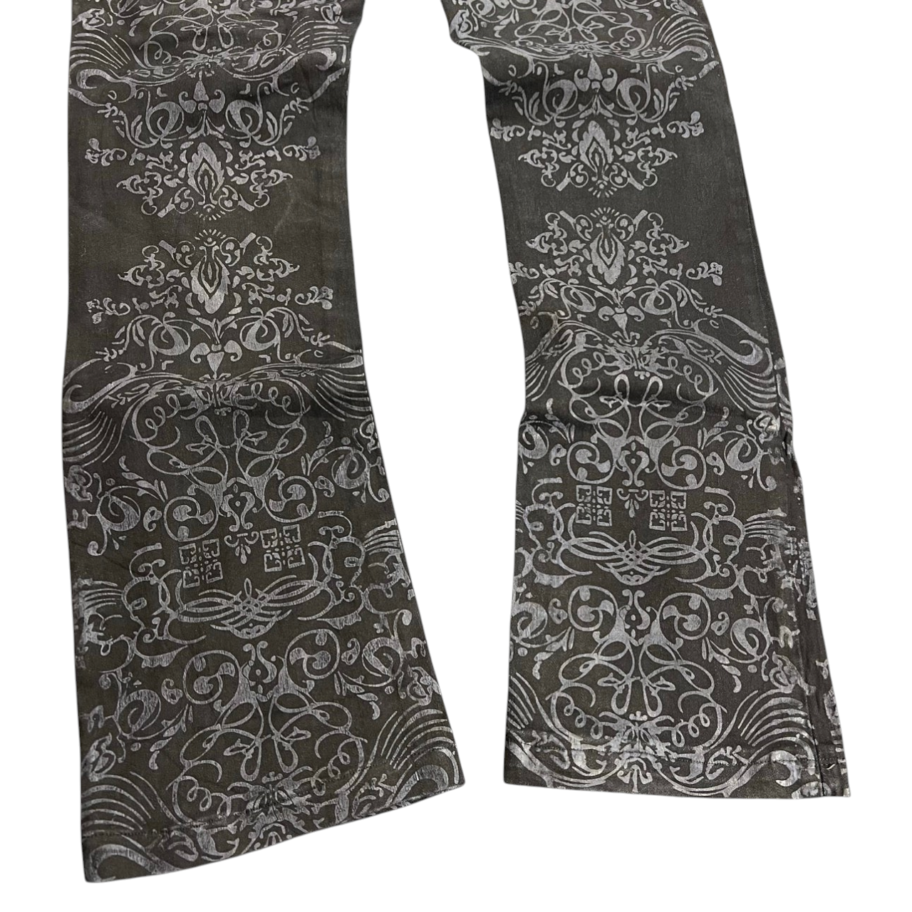 TWC Vintage Anastasia Damen Bootcut-Jeans in Schwarz mit silbernem Barock-Muster im Y2K-Stil