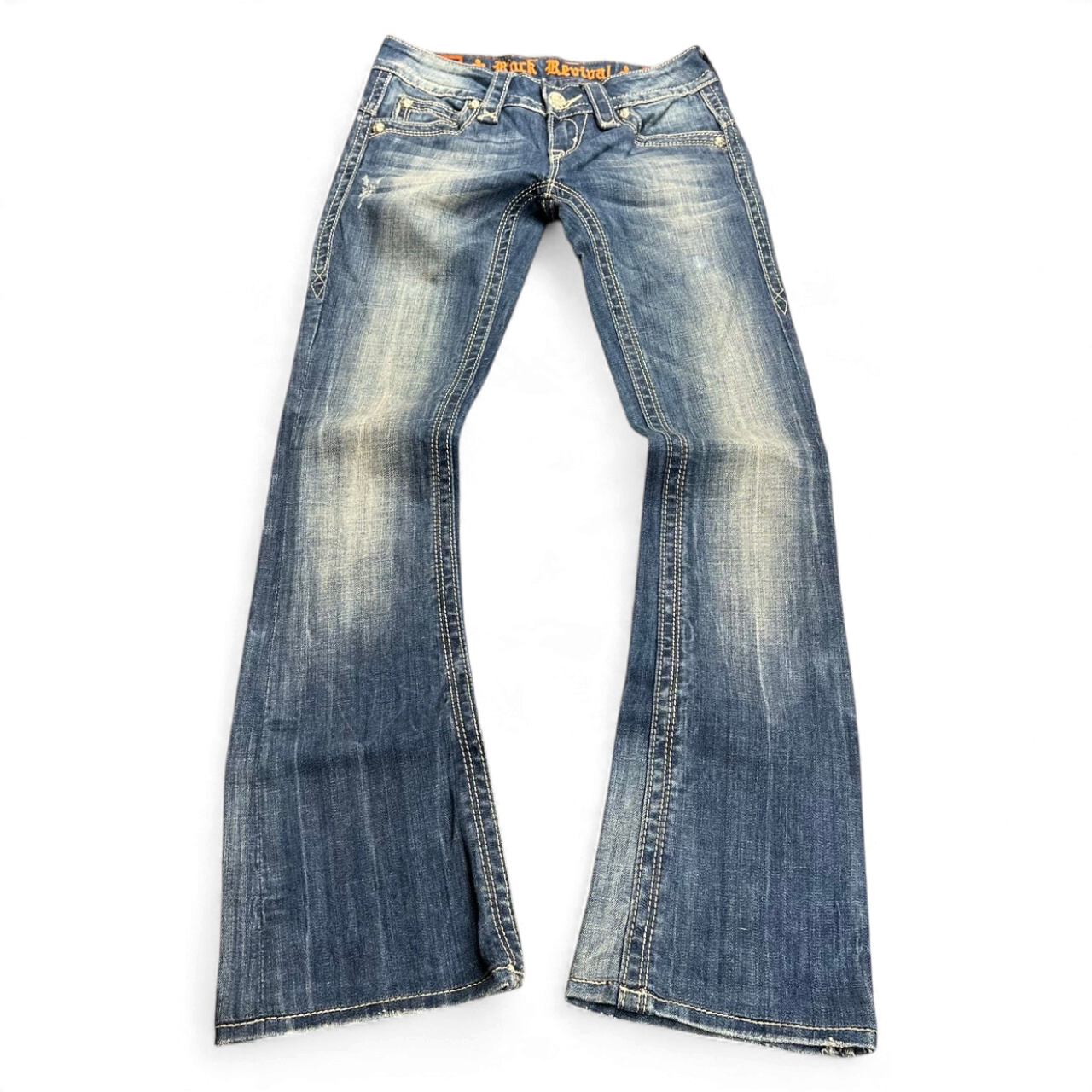 TWC Vintage Damen Rock Revival Bootcut Jeans in verwaschenem Blau mit Ziernähten und Vintage-Waschung