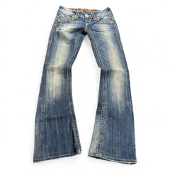 TWC Vintage Damen Rock Revival Bootcut Jeans in verwaschenem Blau mit Ziernähten und Vintage-Waschung