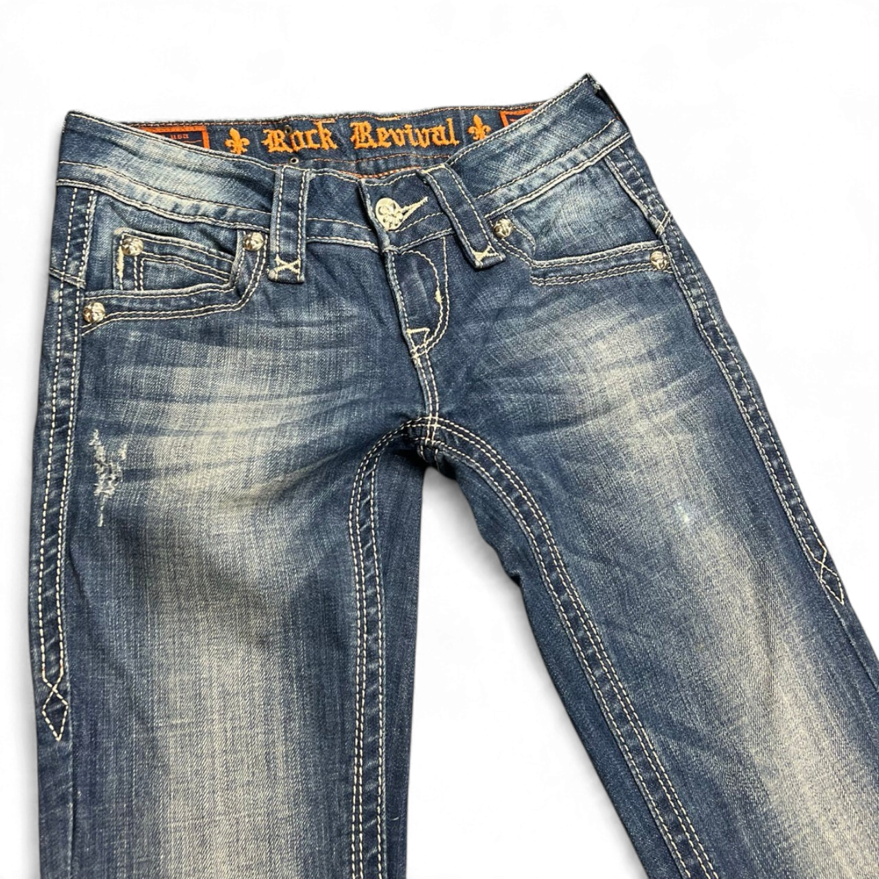 TWC Vintage Rock Revival Damen Bootcut Jeans in Blau mit Ziernähten und Used-Look Details