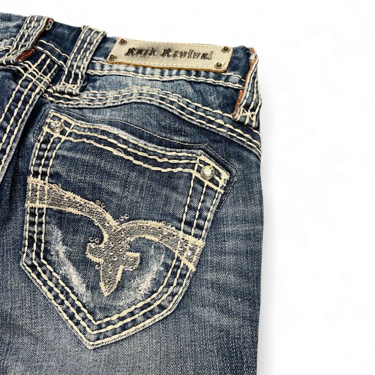 TWC Vintage Damen Rock Revival Bootcut Jeans mit aufwendigen Stickereien und Strasssteinen an der Gesäßtasche