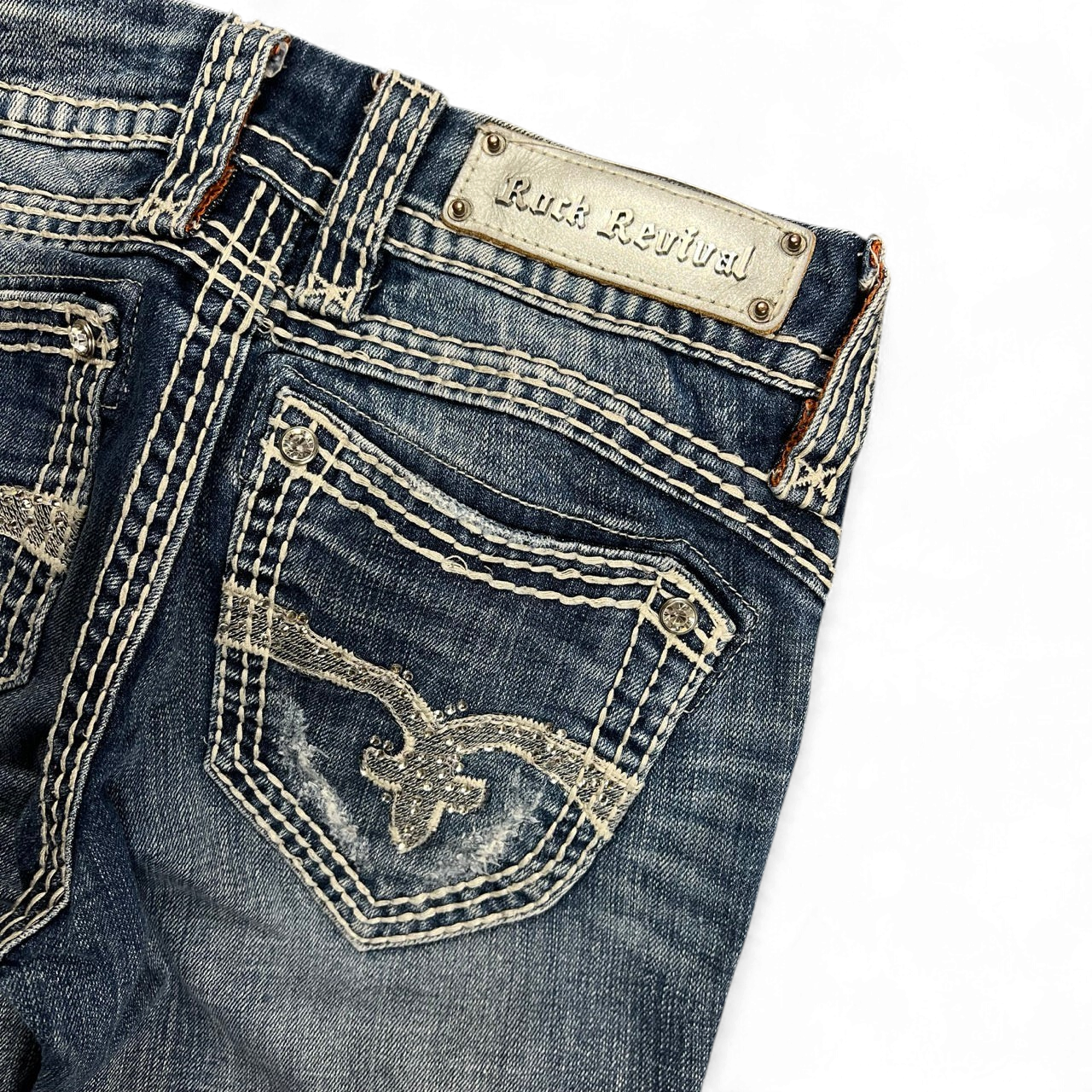 TWC Vintage Rock Revival Damen Bootcut Jeans in Blau mit aufwendigen Stickereien und Ziernähten an den Gesäßtaschen