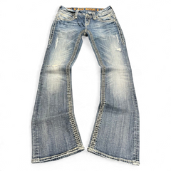 TWC Vintage Rock Revival Bootcut Jeans in blau mit Distressed-Details und auffälligen Ziernähten