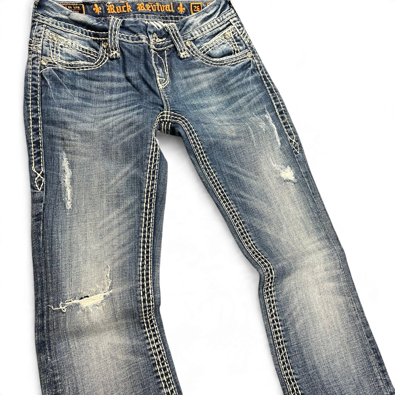 TWC Vintage Damen Rock Revival Bootcut Jeans in Blau mit Distressed-Details und auffälligen Ziernähten