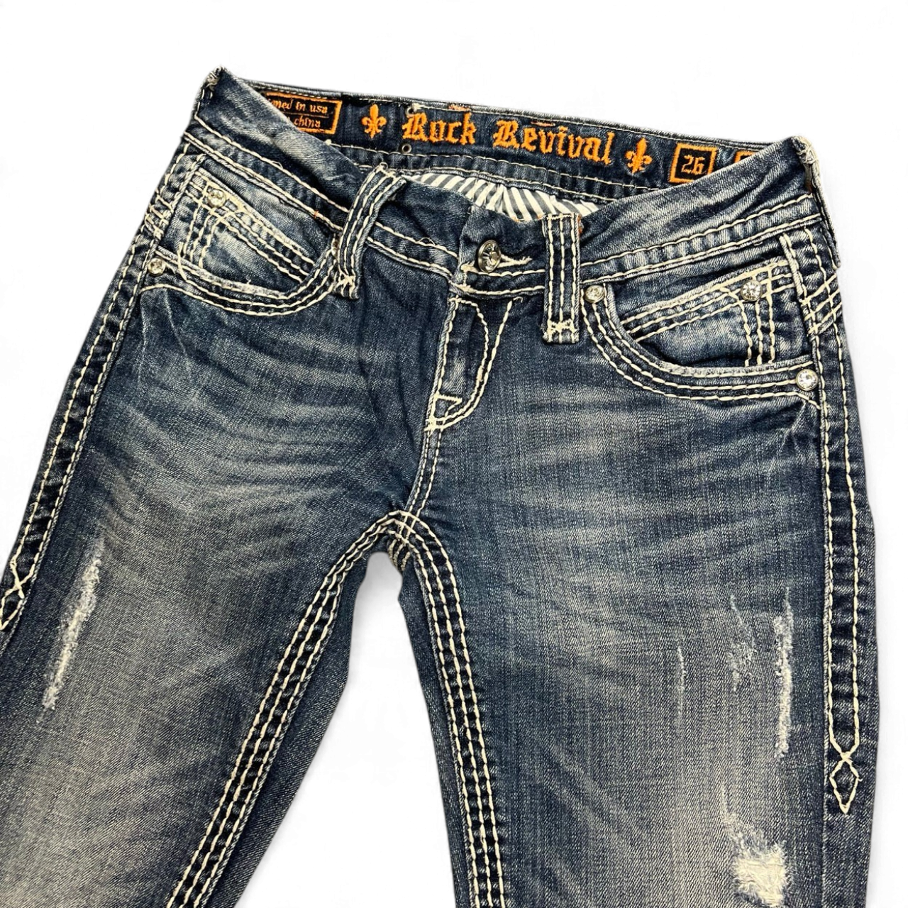 TWC Vintage Rock Revival Bootcut Jeans in blau mit auffälligen Ziernähten und Used-Look-Details