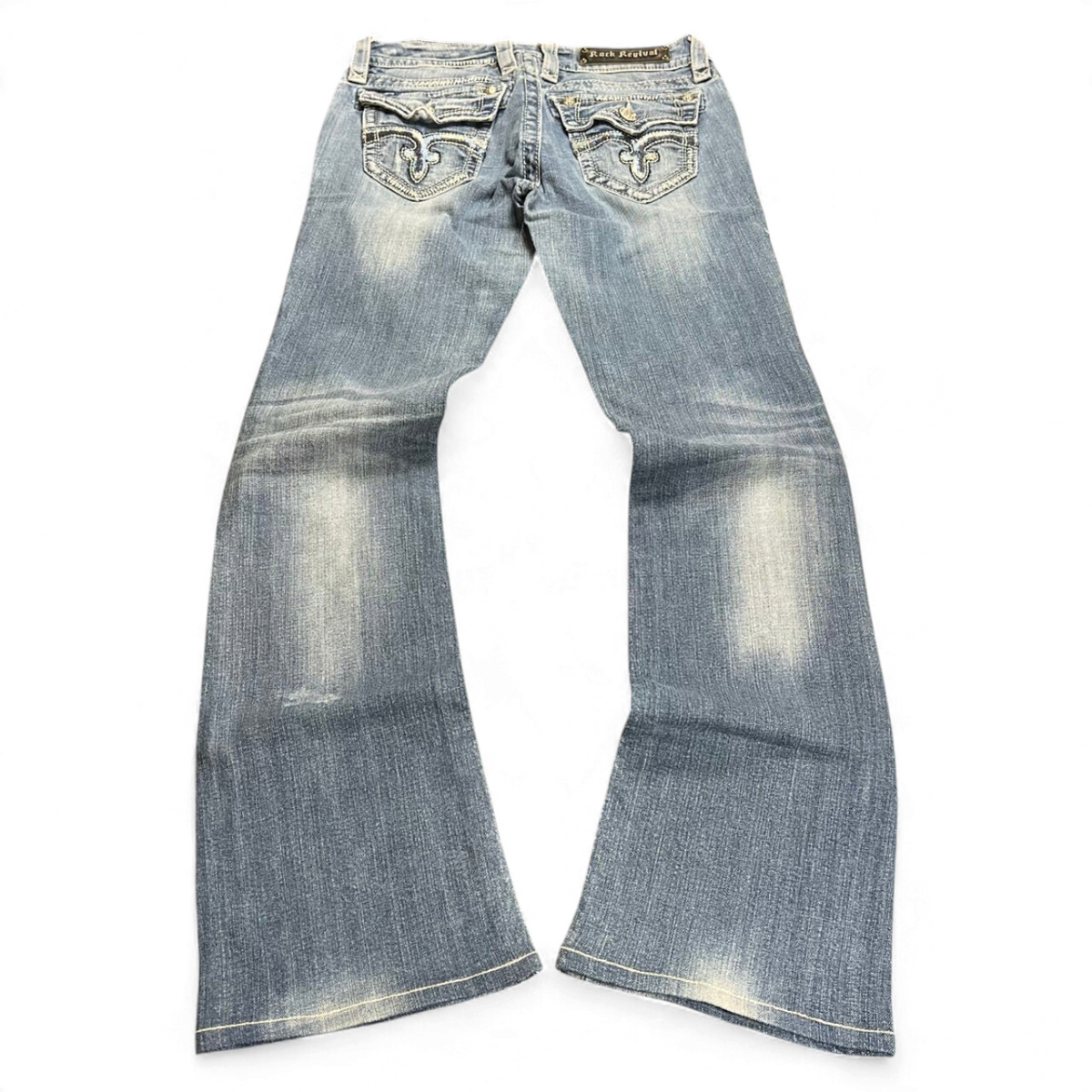 TWC Vintage Rock Revival Damen Bootcut Jeans in verwaschenem Blau mit aufwendigen Gesäßtaschen-Stickereien