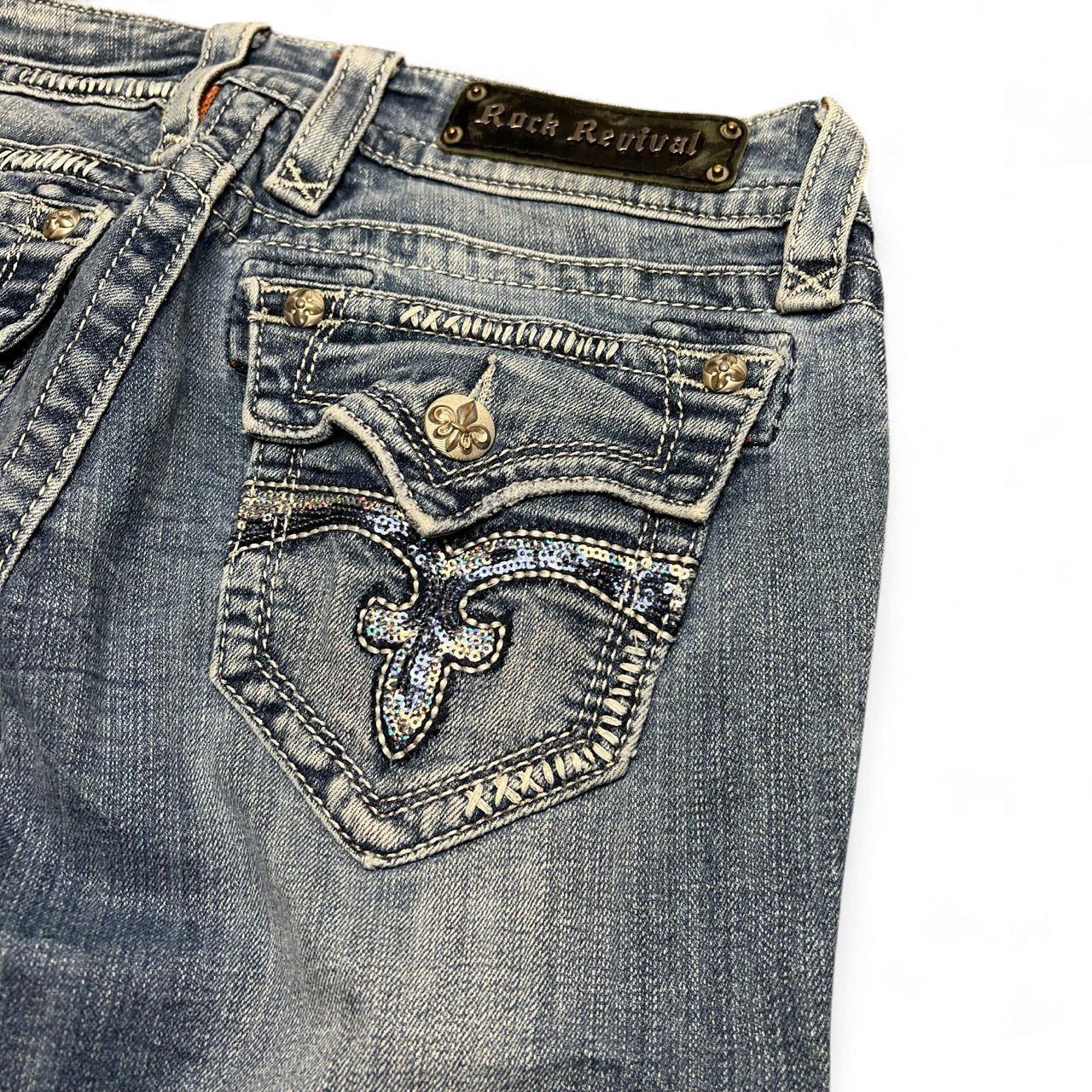 TWC Vintage Damen Rock Revival Bootcut Jeans mit Pailletten-Verzierung und Stickerei auf der Gesäßtasche