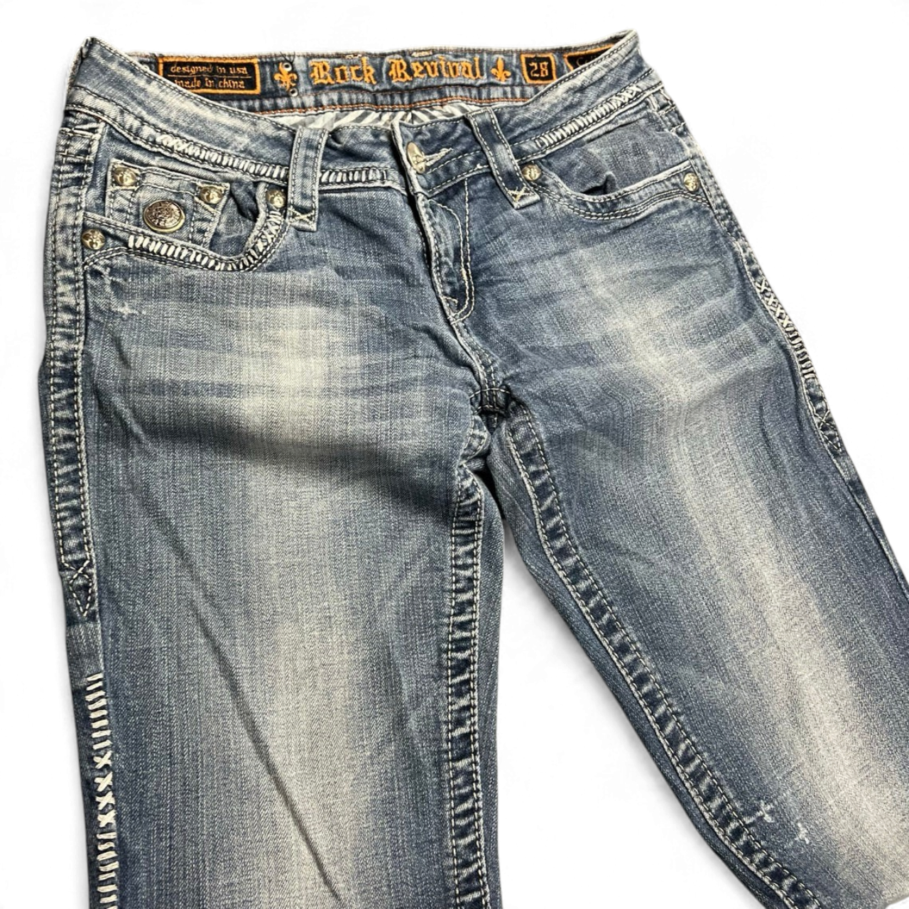 TWC Vintage Rock Revival Damen Bootcut Jeans in Blau mit Ziernähten und Nieten im Used-Look