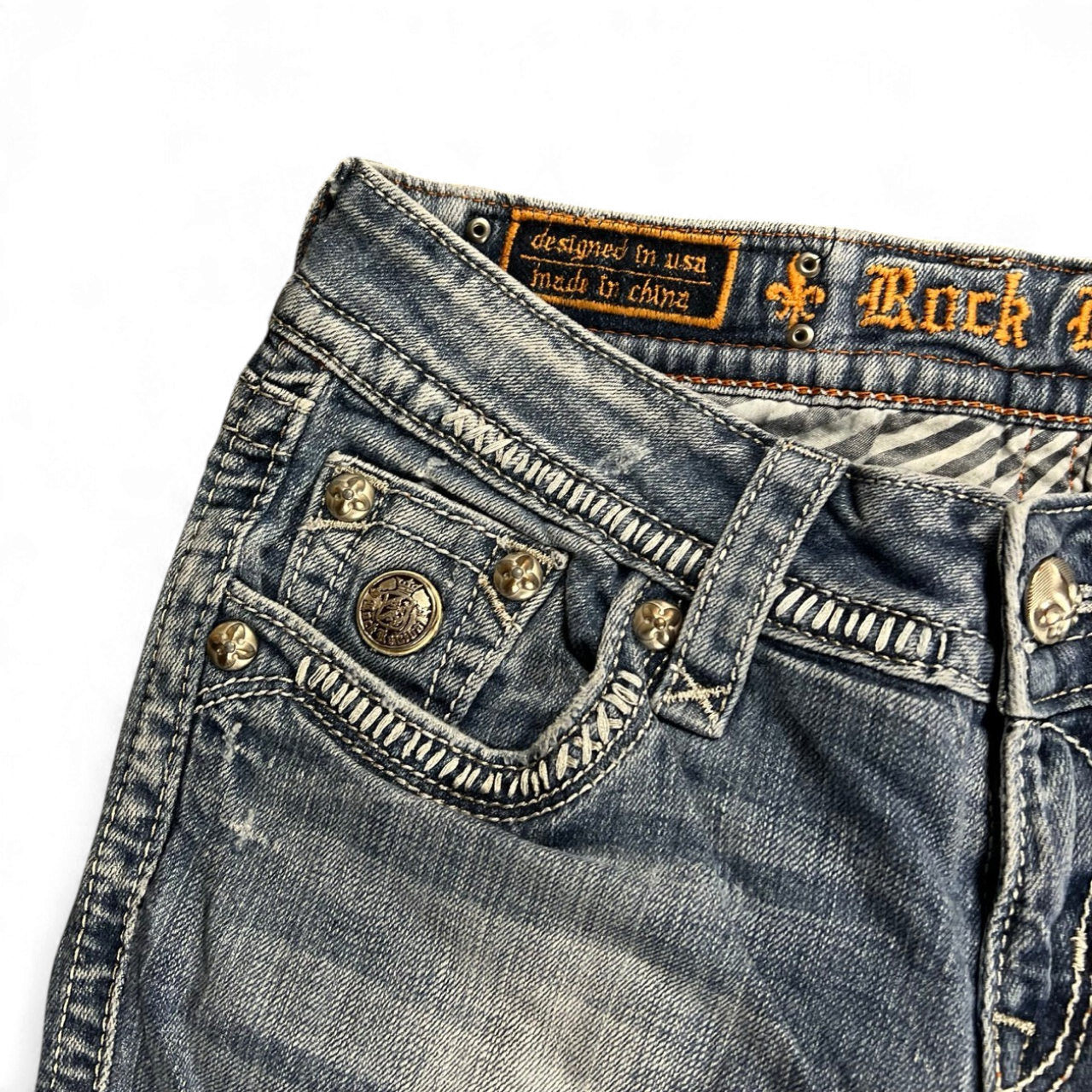 TWC Vintage Rock Revival Damen Bootcut Jeans in Blau mit aufwendigen Ziernähten und verzierten Knöpfen