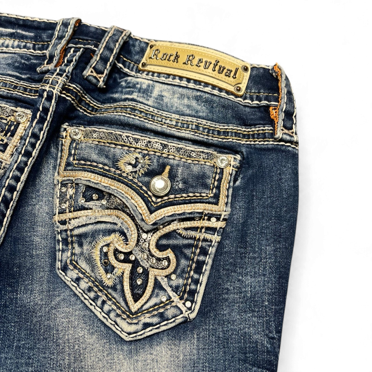 TWC Vintage Damen Rock Revival Bootcut Jeans in Blau mit aufwendig bestickten Gesäßtaschen und Strasssteinen