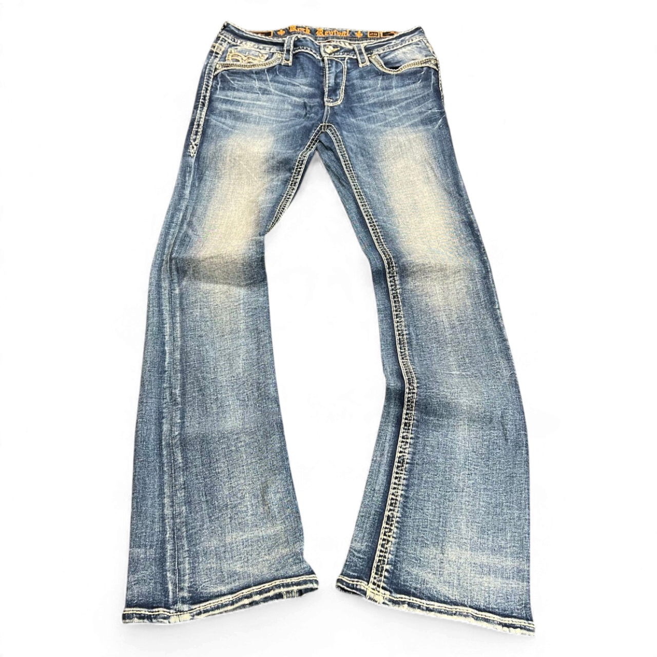 TWC Vintage Damen Rock Revival Bootcut Jeans in verwaschenem Blau mit Ziernähten und ausgefranstem Saum