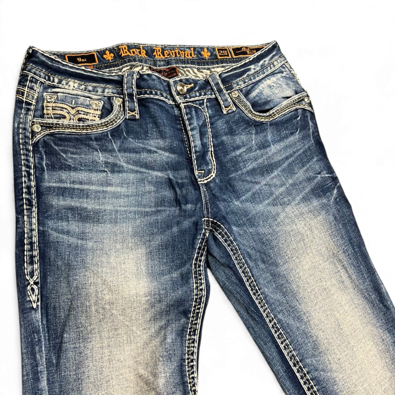 TWC Vintage Damen Rock Revival Bootcut Jeans in Blau mit markanten Ziernähten und Used-Look Waschung