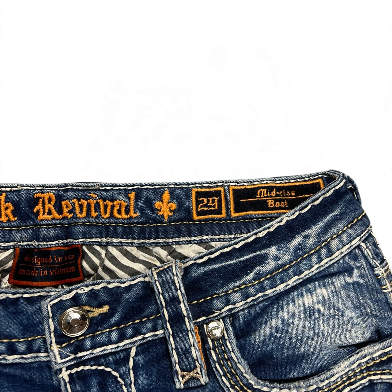 TWC Vintage Rock Revival Damen Bootcut Jeans mit auffälligen Ziernähten und Mid-Rise Bund in verwaschenem Blau