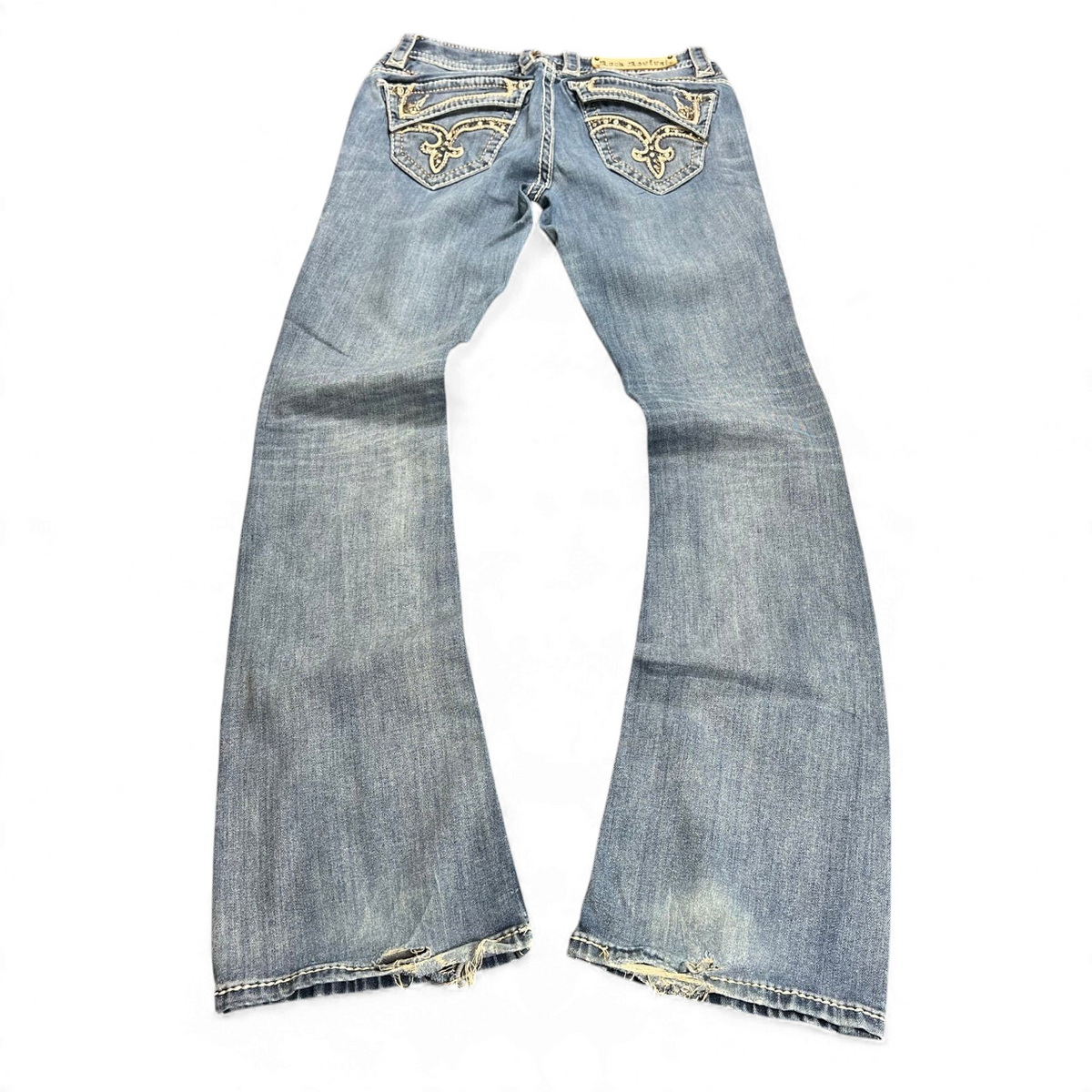 TWC Vintage Damen Rock Revival Bootcut Jeans in Blau mit bestickten Gesäßtaschen und Used-Look an den Säumen