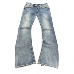 TWC Vintage Damen Rock Revival Bootcut Jeans in Blau mit Ziernähten und verwaschenem Denim-Look