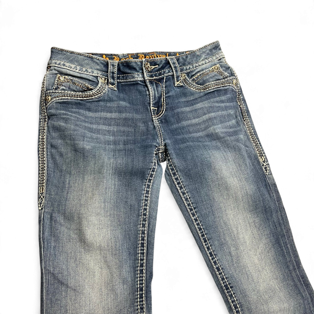 TWC Vintage Damen Rock Revival Bootcut Jeans in Blau mit aufwendigen Ziernähten und klassischer Waschung