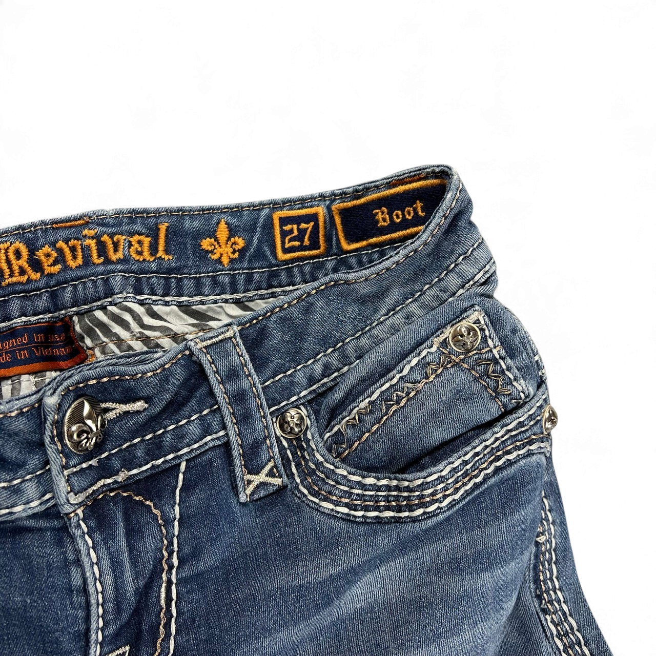 TWC Vintage Rock Revival Damen Bootcut Jeans in Blau mit Ziernähten und Logo-Details am Bund