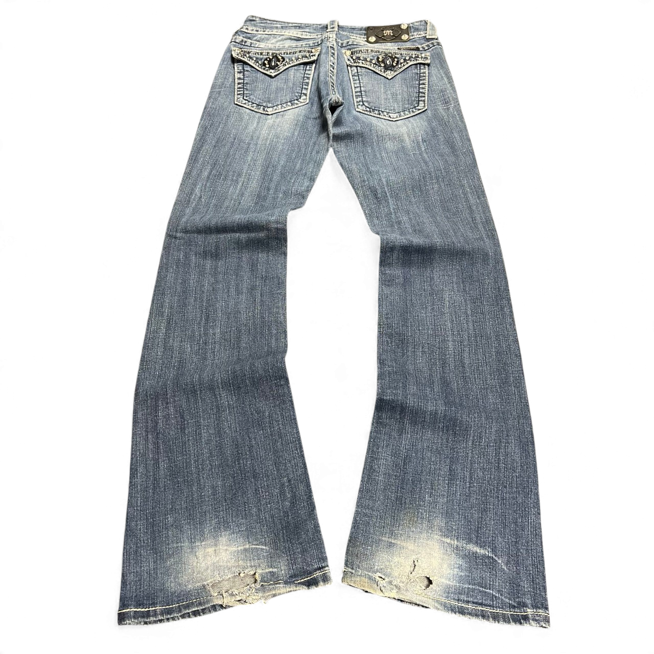 TWC Vintage Damen Miss Me Bootcut Jeans in Blau mit verzierten Gesäßtaschen und Used-Look an den Beinenden