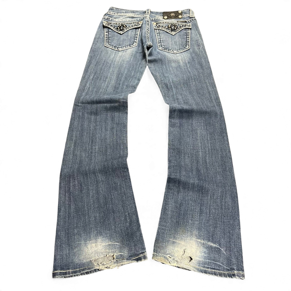 TWC Vintage Damen Miss Me Bootcut Jeans in Blau mit verzierten Gesäßtaschen und Used-Look an den Beinenden