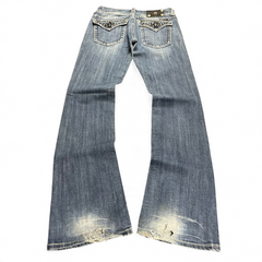 TWC Vintage Damen Miss Me Bootcut Jeans in Blau mit verzierten Gesäßtaschen und Used-Look an den Beinenden