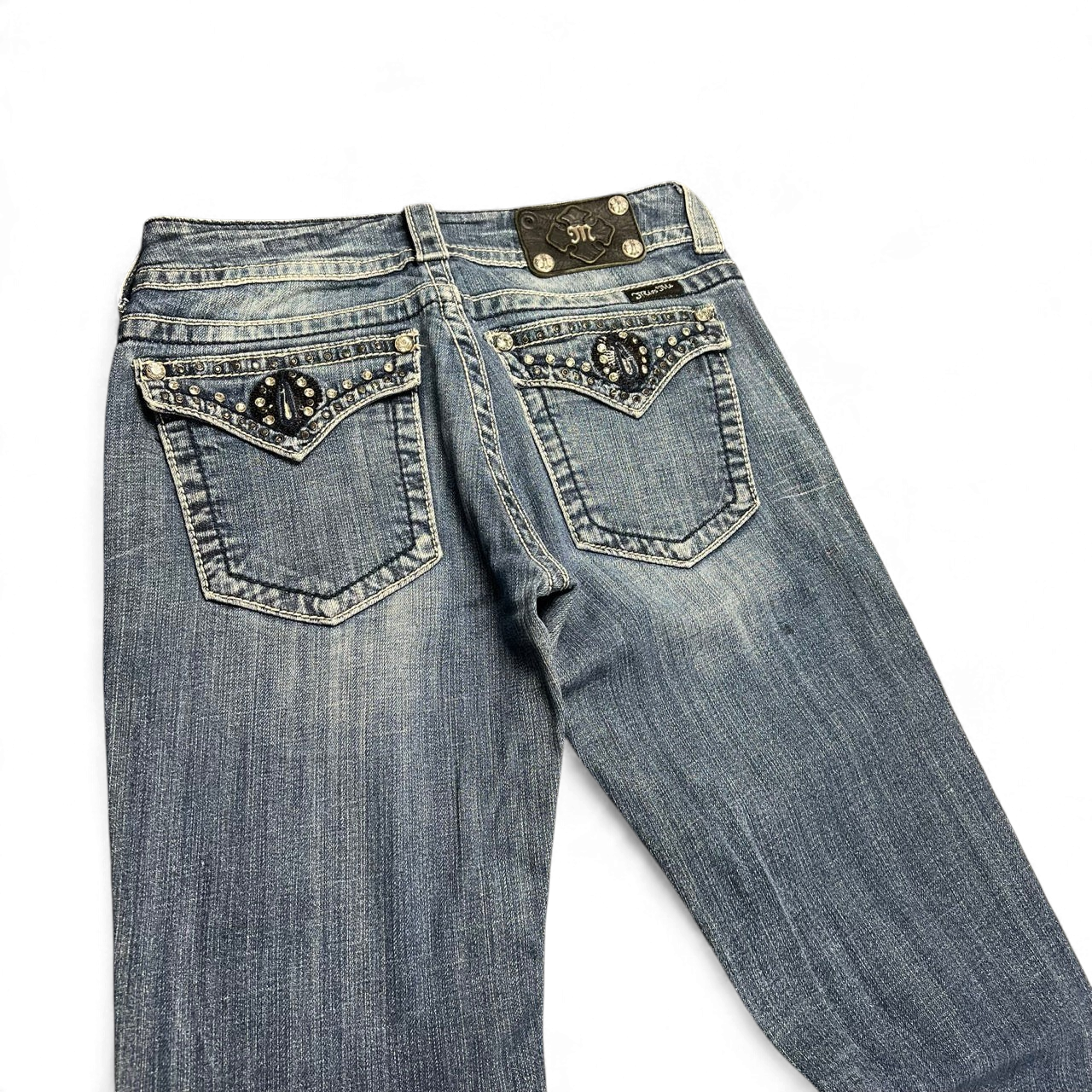 TWC Vintage Damen Miss Me Bootcut Jeans in Blau mit verzierten Gesäßtaschen und Strasssteinen