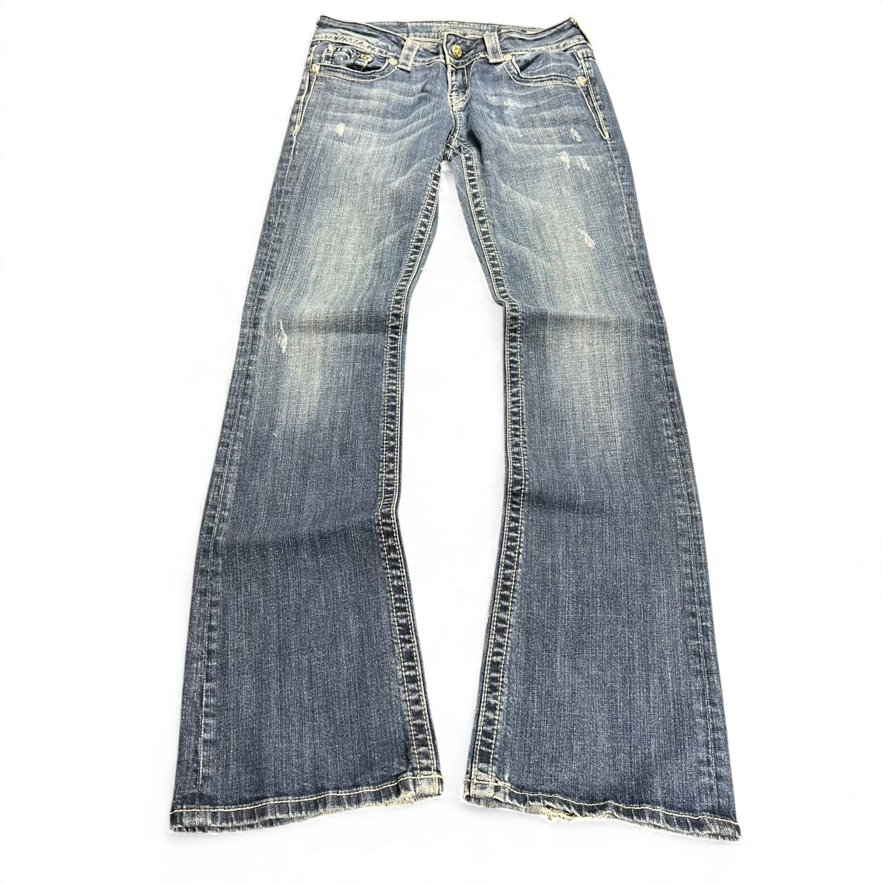 TWC Vintage Damen Miss Me Bootcut Jeans in verwaschenem Blau mit Distressed-Details und ausgestelltem Bein