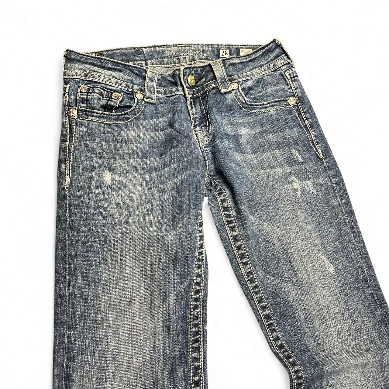 TWC Vintage Damen Miss Me Bootcut Jeans in verwaschenem Blau mit Distressed-Details und Ziersteinen
