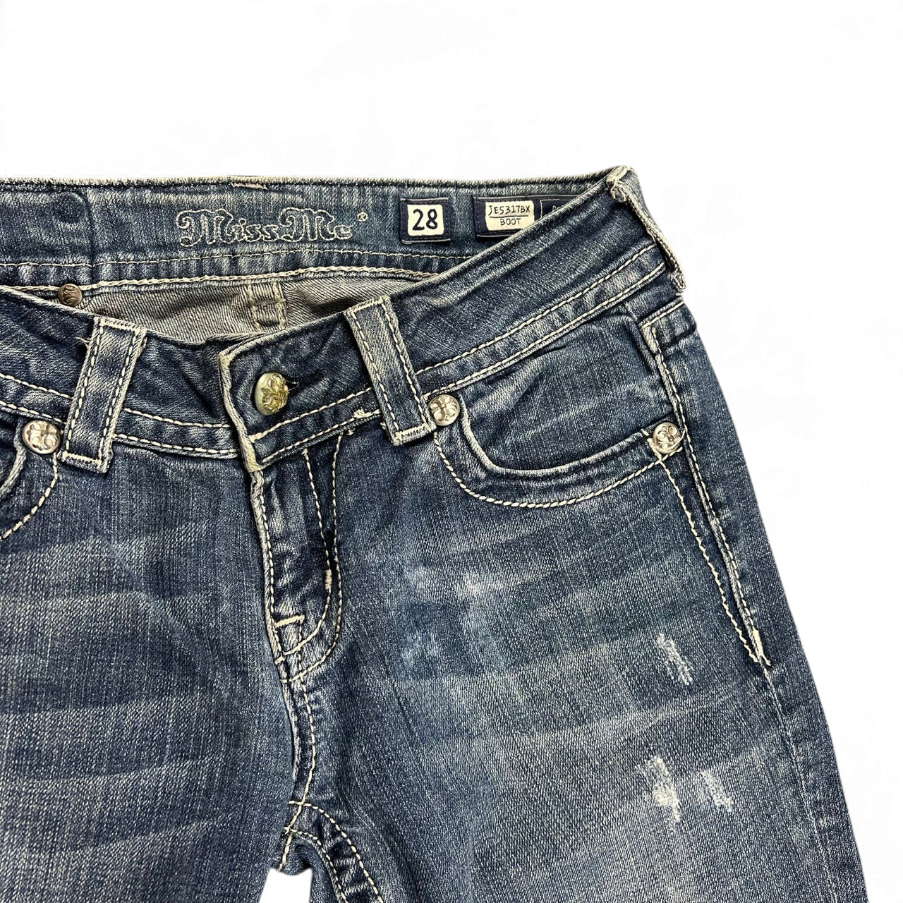 TWC Vintage Miss Me Damen Bootcut Jeans in Blau mit Ziernähten und Used-Look Details