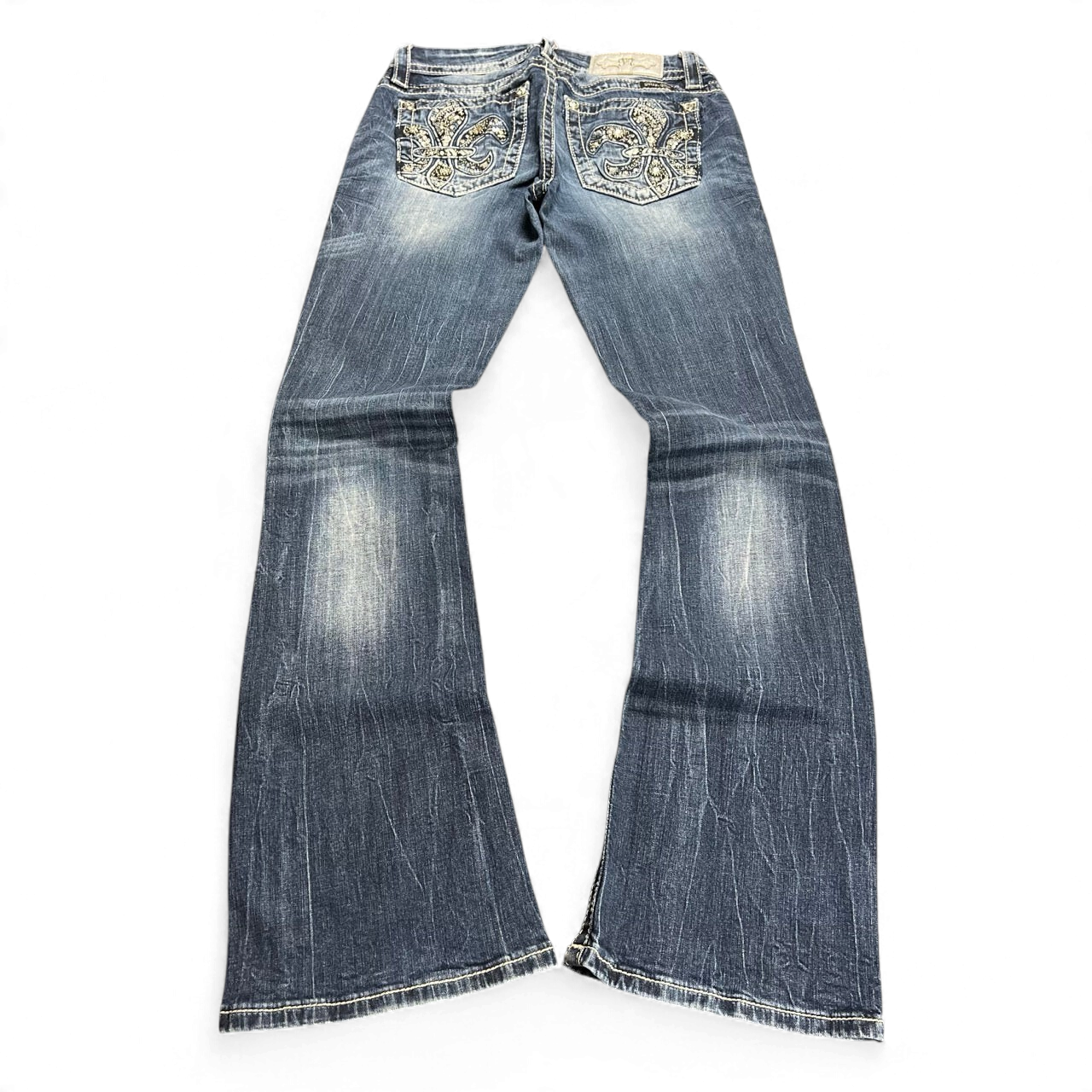 TWC Vintage Miss Me Damen Bootcut Jeans in Blau mit aufwendig verzierten Gesäßtaschen und Used-Look