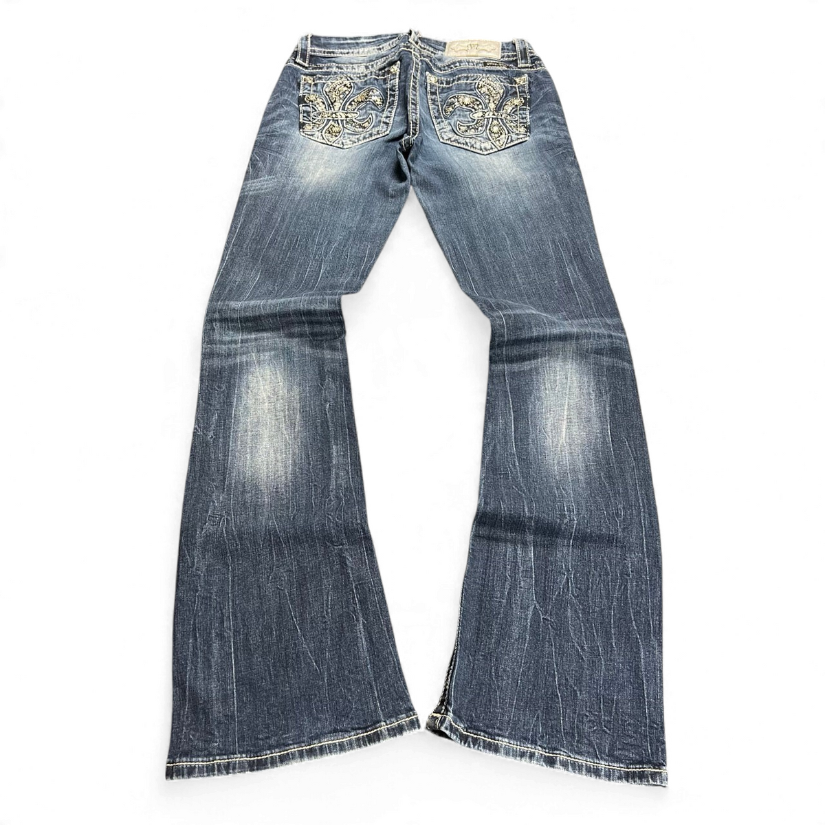 TWC Vintage Miss Me Damen Bootcut Jeans in Blau mit aufwendig verzierten Gesäßtaschen und Used-Look