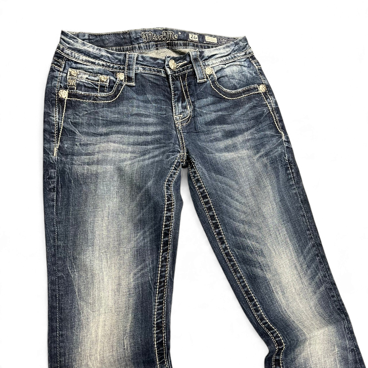 TWC Vintage Damen Miss Me Bootcut Jeans in Dunkelblau mit Ziernähten und Used-Look