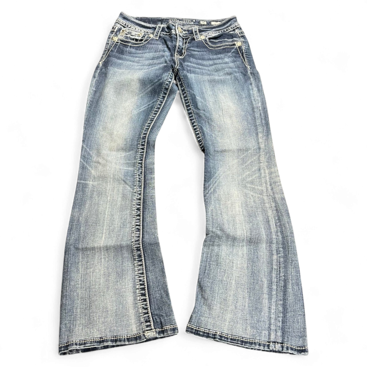 TWC Vintage Damen Miss Me Bootcut Jeans in verwaschenem Blau mit Ziernähten und ausgestelltem Bein