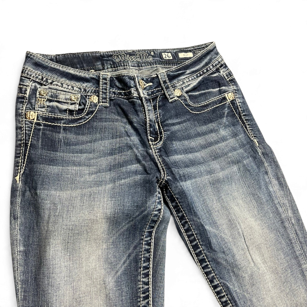 TWC Vintage Miss Me Damen Bootcut Jeans in Blau mit auffälligen Ziernähten und Strass-Details