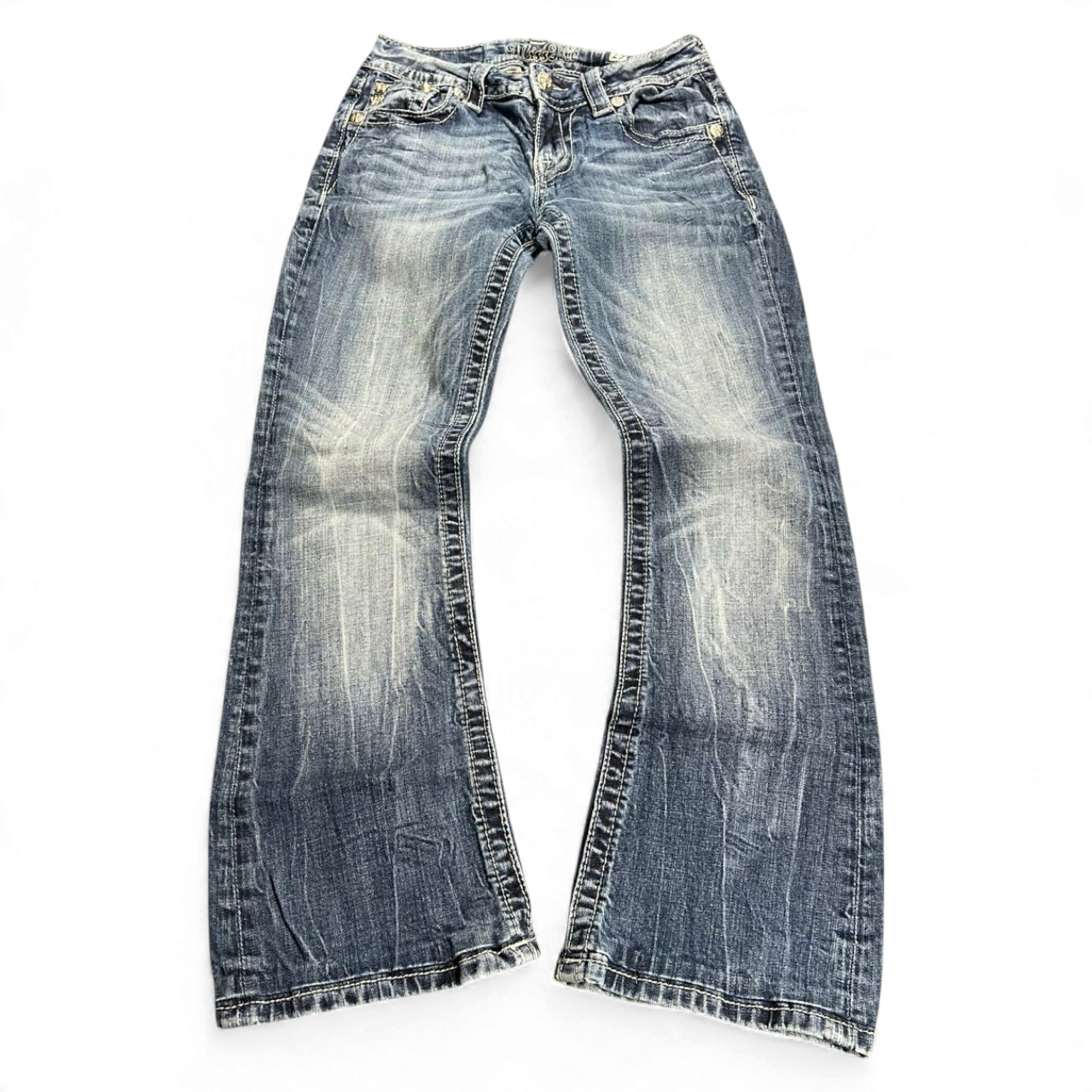 TWC Vintage Damen Miss Me Bootcut Jeans in verwaschenem Blau mit Used-Look und Ziernähten