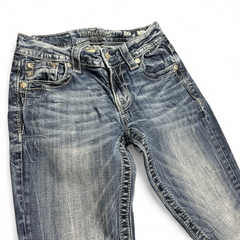 TWC Vintage Damen Miss Me Bootcut Jeans in verwaschenem Blau mit Ziernähten und Nieten