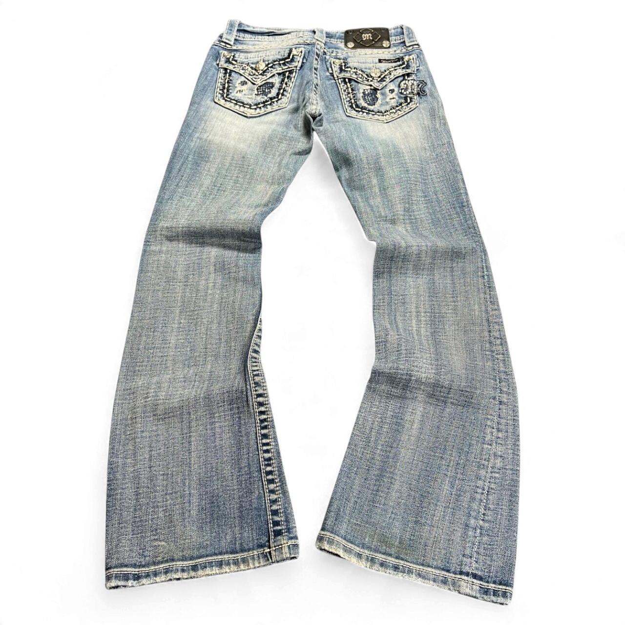 TWC Vintage Damen Miss Me Bootcut Jeans in verwaschenem Blau mit verzierten Gesäßtaschen und Stickereien