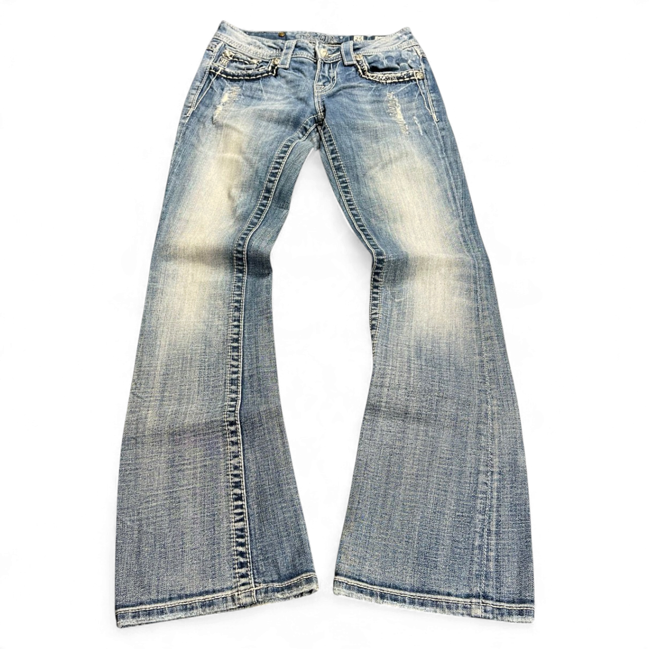 TWC Vintage Damen Miss Me Bootcut Jeans in verwaschenem Blau mit Distressed-Details und Ziernähten