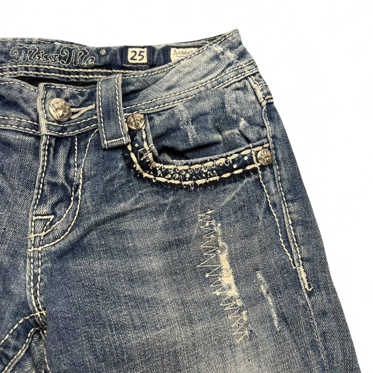 TWC Vintage Miss Me Damen Bootcut Jeans in Blau mit Ziernähten, Nieten und Used-Look-Details