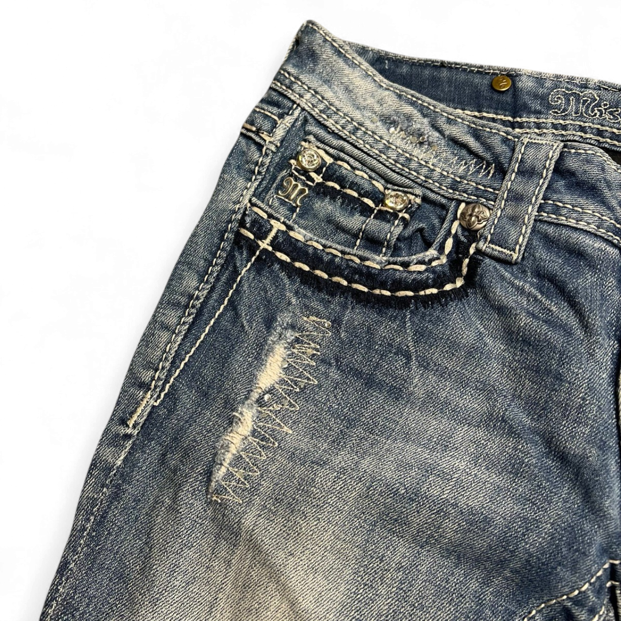 TWC Vintage Damen Miss Me Bootcut Jeans in Blau mit Used-Look, Ziernähten und verzierten Taschen
