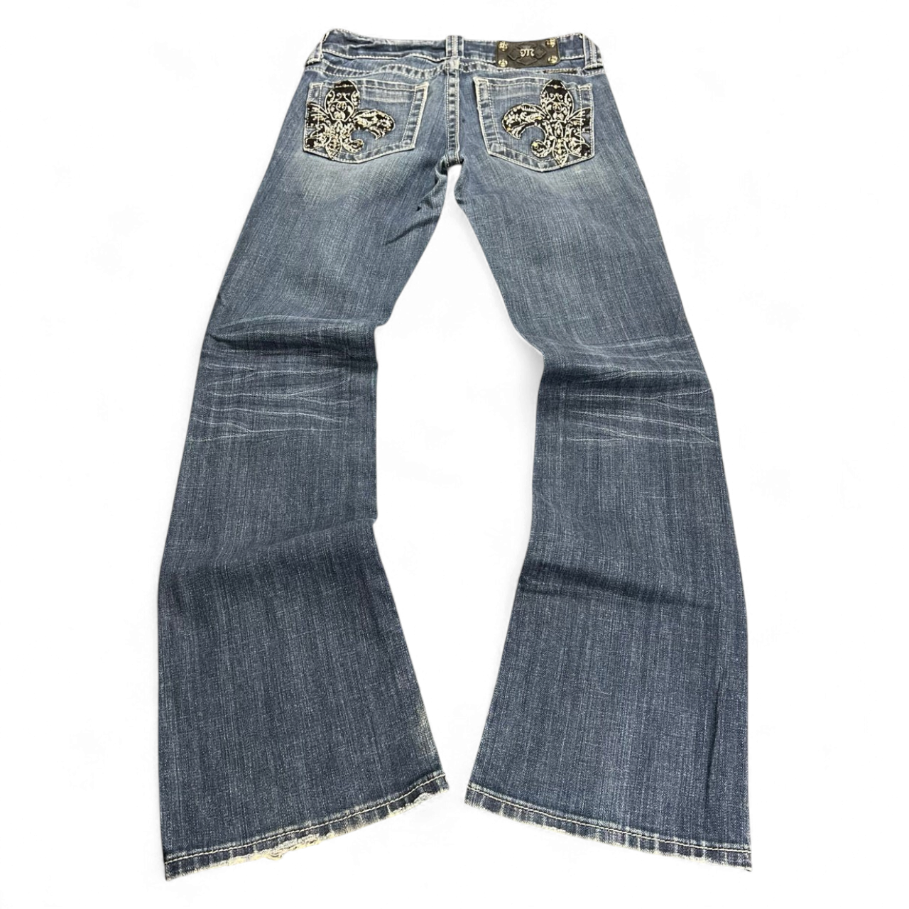 TWC Vintage Damen Miss Me Bootcut Jeans in Blau mit verzierten Gesäßtaschen und Used-Optik
