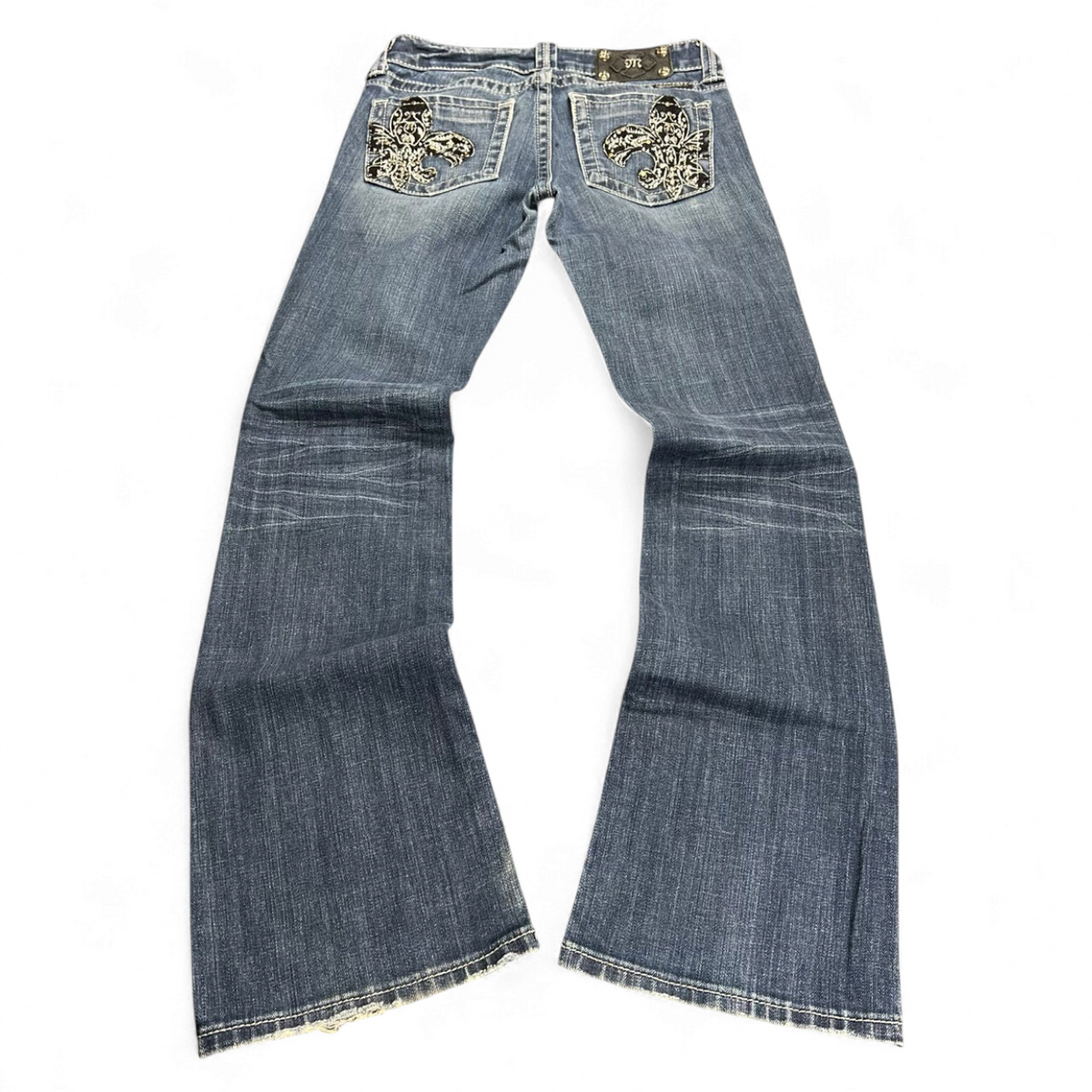 TWC Vintage Damen Miss Me Bootcut Jeans in Blau mit verzierten Gesäßtaschen und Used-Optik