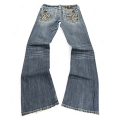 TWC Vintage Damen Miss Me Bootcut Jeans in Blau mit verzierten Gesäßtaschen und Used-Optik
