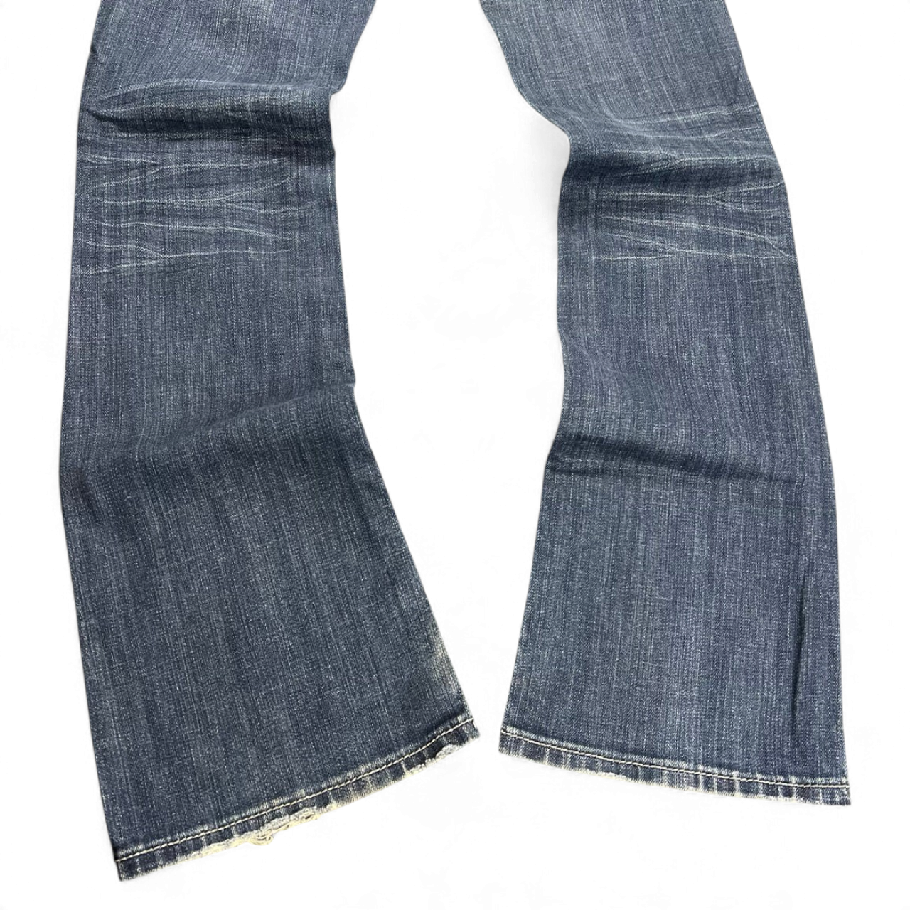 TWC Vintage Damen Miss Me Bootcut Jeans in Dunkelblau mit verwaschener Optik und ausgefransten Säumen