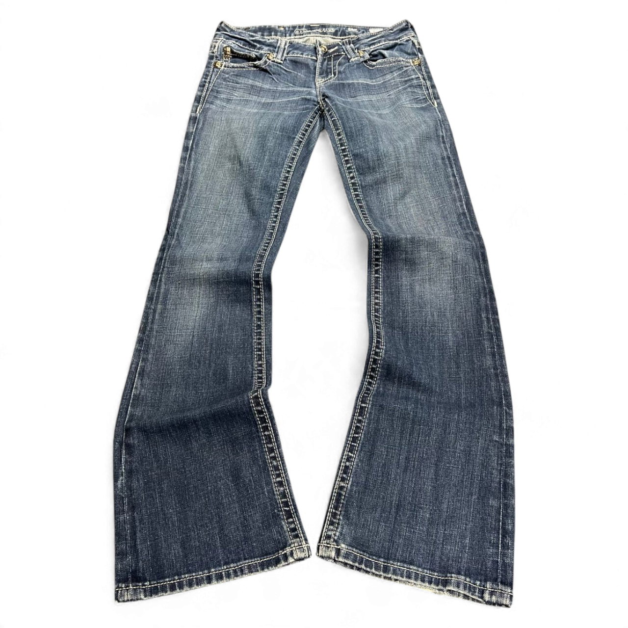 TWC Vintage Damen Miss Me Bootcut Jeans in Blau mit Ziernähten und verwaschener Optik