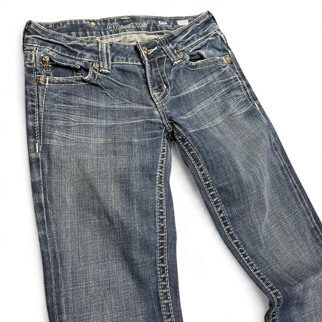 TWC Vintage Damen Miss Me Bootcut Jeans in Blau mit Ziernähten und Used-Look