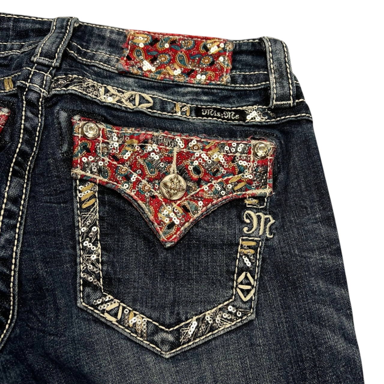 TWC Vintage Miss Me Bootcut Jeans mit Paisley-Stickerei, Pailletten und verzierten Gesäßtaschen in Dunkelblau