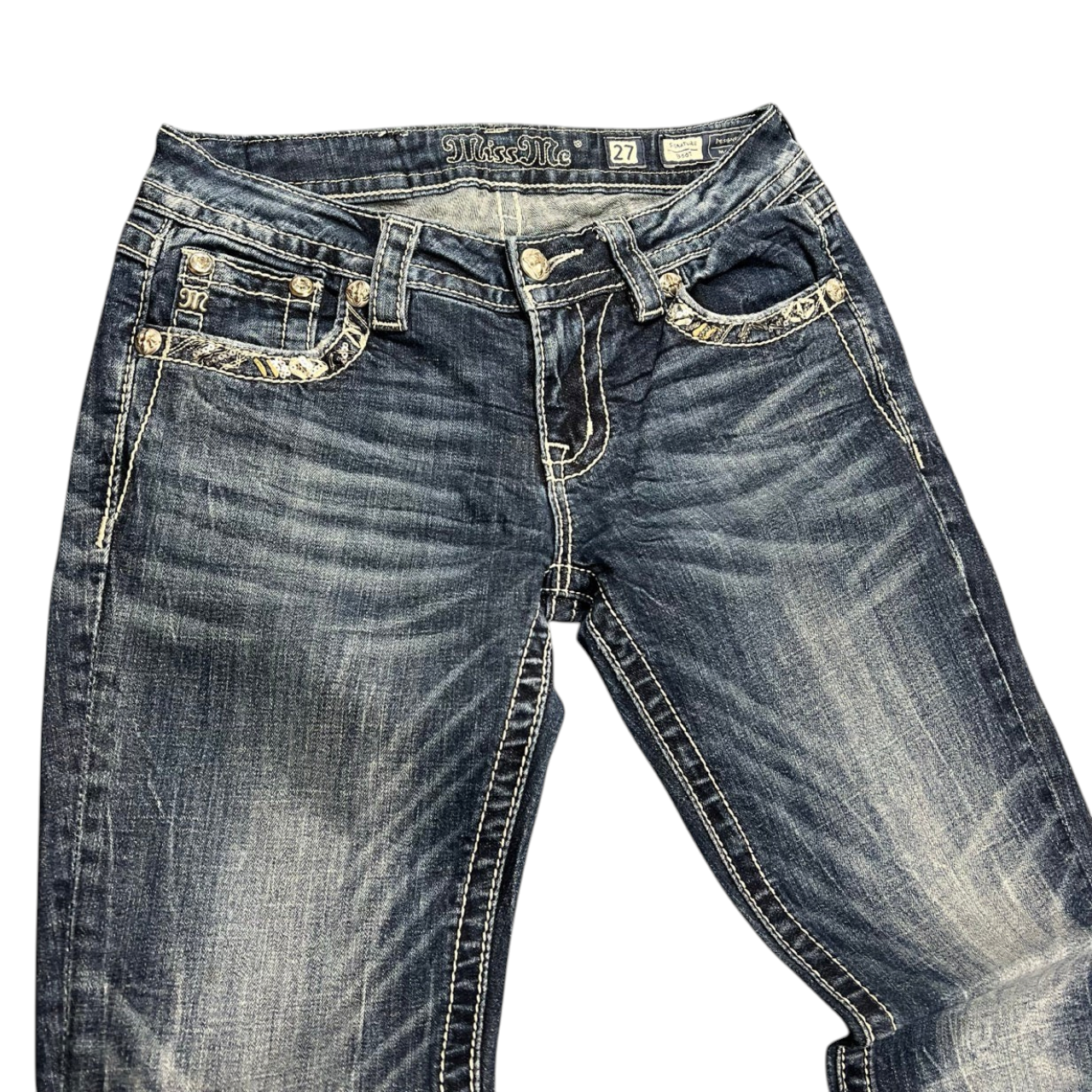 TWC Vintage Miss Me Bootcut Jeans in blau mit Paisley-Stickerei und Strasssteinen an den Taschen