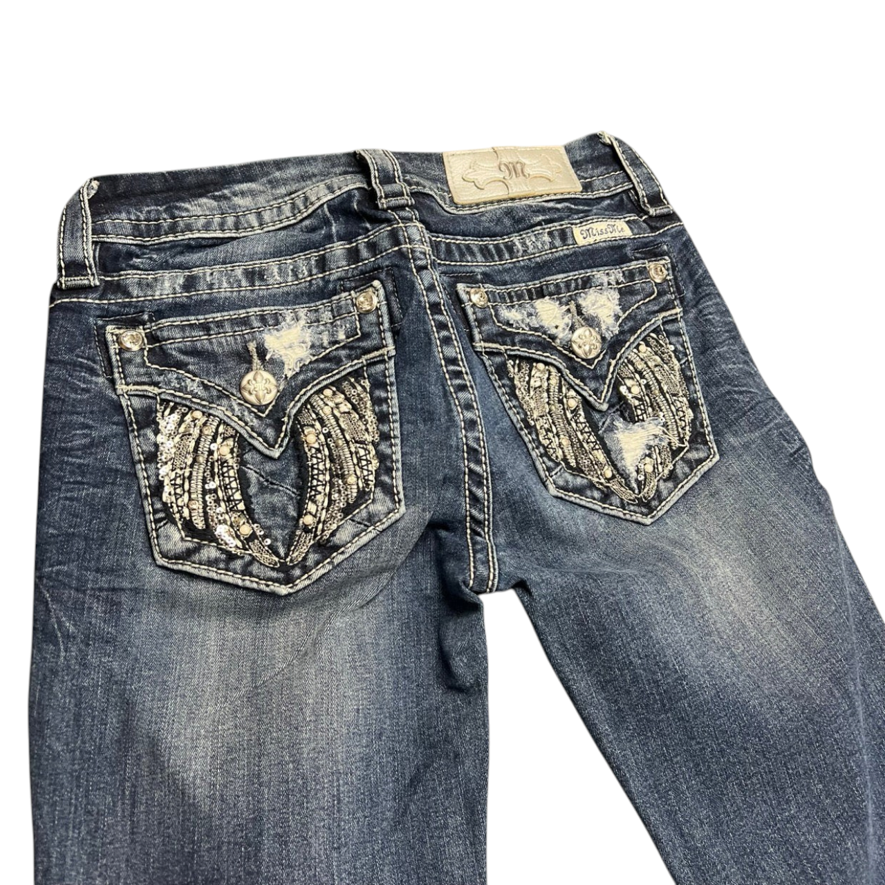 TWC Vintage Miss Me Damen Bootcut Jeans in Blau mit aufwendig verzierten Gesäßtaschen und Strass-Details