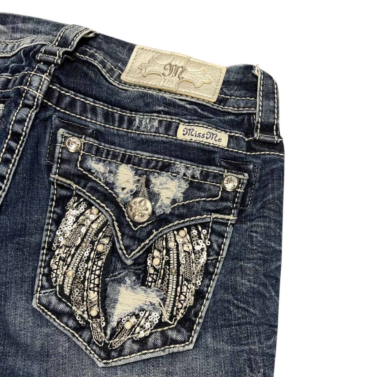 TWC Vintage Miss Me Damen Bootcut Jeans in Dunkelblau mit verzierten Pailletten-Gesäßtaschen und Used-Optik