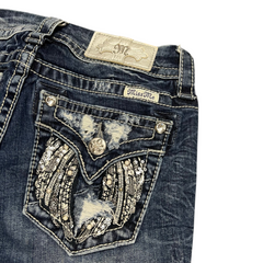 TWC Vintage Miss Me Damen Bootcut Jeans in Dunkelblau mit verzierten Pailletten-Gesäßtaschen und Used-Optik